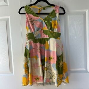 Buzz Swimwear Swim Halter Dress Pink Green Vintage Floral Pattern- Size Large